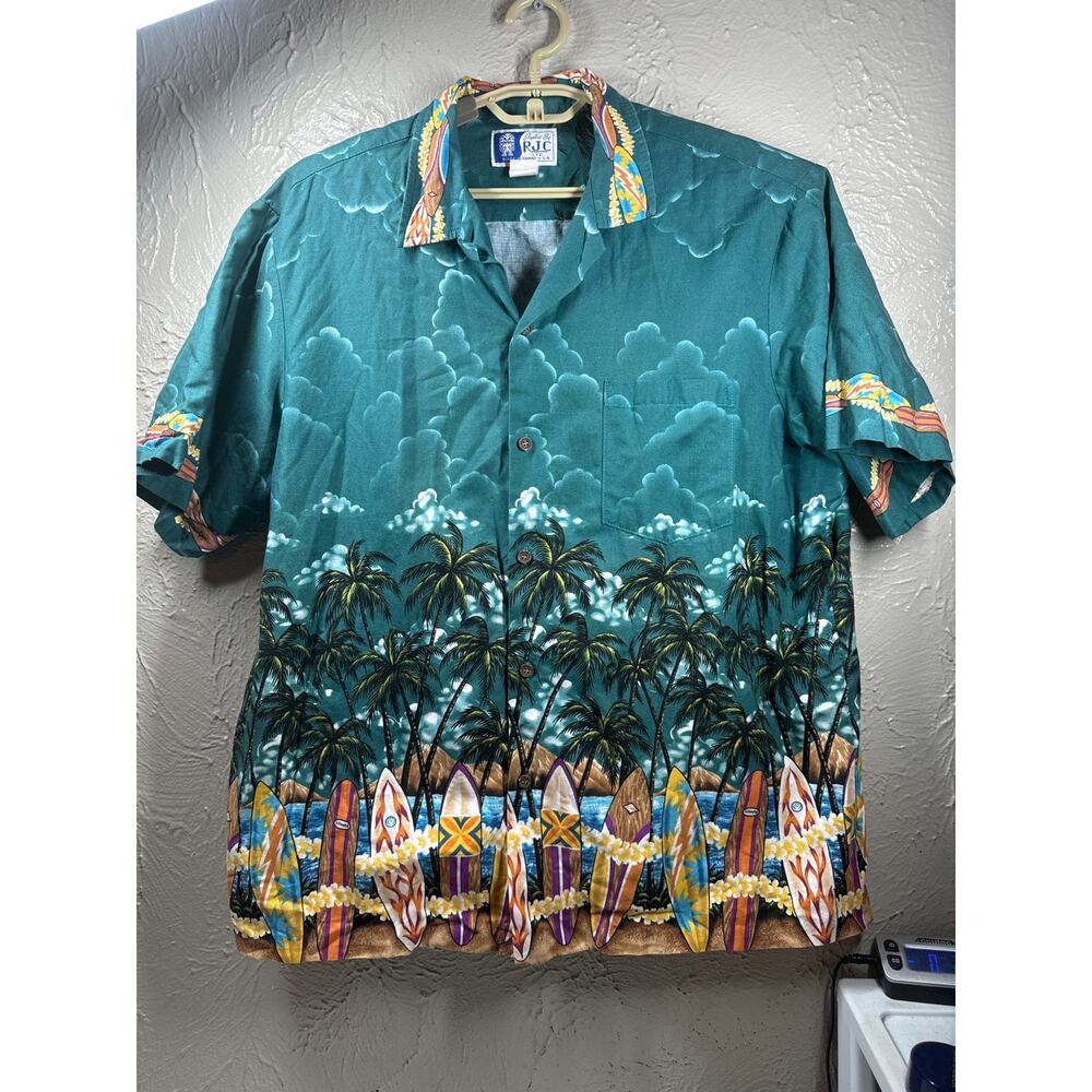 Vintage‎ RJC Ltd Hawaiian Shirt Surfboards Plumeria & Palms Men’s Size XL